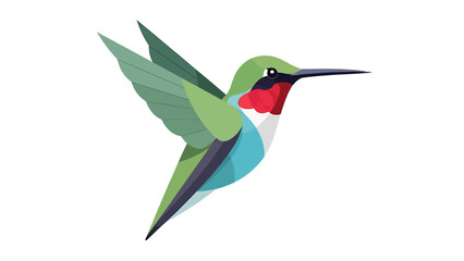 Vibrant vector illustration of a small hummingbird in graceful flight, showcasing its colorful green wings, red throat, and blue accents, perfect for nature and wildlife designs