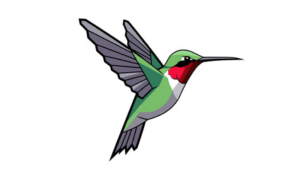Vibrant illustration of a ruby-throated hummingbird in flight, showcasing its iridescent green plumage and red gorget against a clean white background, perfect for nature and wildlife themes
