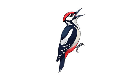 Vibrant vector illustration of a great spotted woodpecker, showcasing its striking black, white, and red plumage. An iconic forest bird with an open beak, ideal for nature and wildlife designs