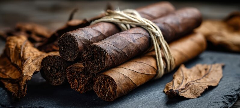 The Cigar Bundle on Dark Slate with Dried Tobacco Leaves