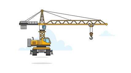 Yellow construction crane with hook lifting a load against a cloudy sky, engineering and industry illustration