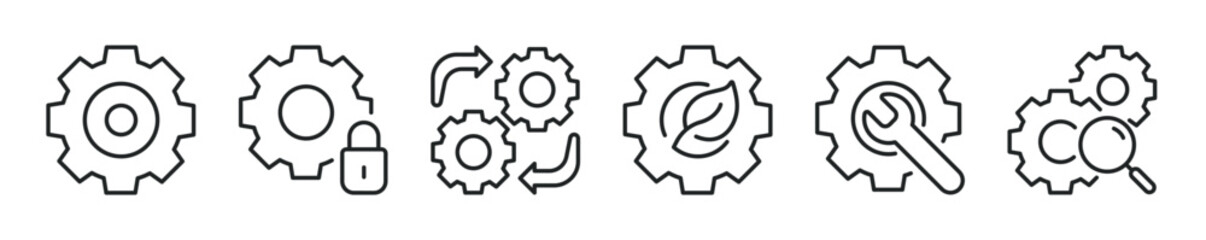 Gear and cogwheel thin line icon set. Web minimal editable stroke icons