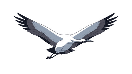A majestic white and grey crane in flight, showcasing its impressive wingspan and graceful movement against a plain background