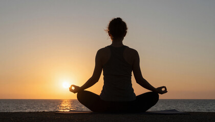 Meditation concept, silhouette of a person sitting in lotus position against a sunset over the ocean