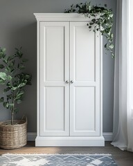 White wooden wardrobe in scandinavian style interior design of modern bedroom, Generative AI