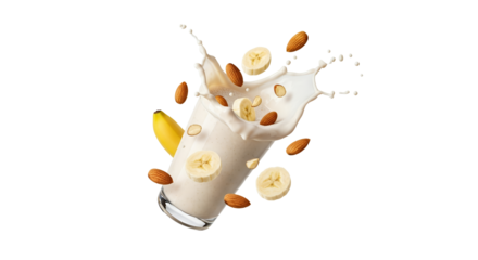 Nutritious explosion: A vibrant splash of banana almond smoothie delight in motion on a pristine backdrop creating a visually captivating experience