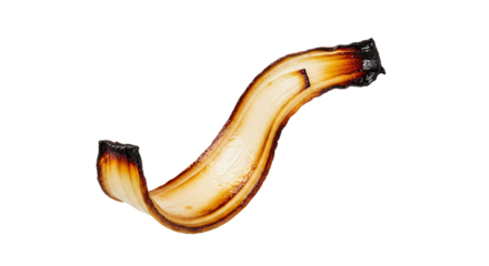 Isolated caramelized onion slice exhibiting a curved form against a white background showcasing light and shadow play adding depth and visual interest