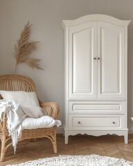 White wooden wardrobe in scandinavian style interior design of modern bedroom, Generative AI