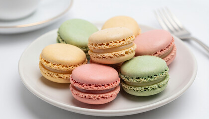 Obraz premium Colourful macarons stacked on a pastel plate, french patisserie style