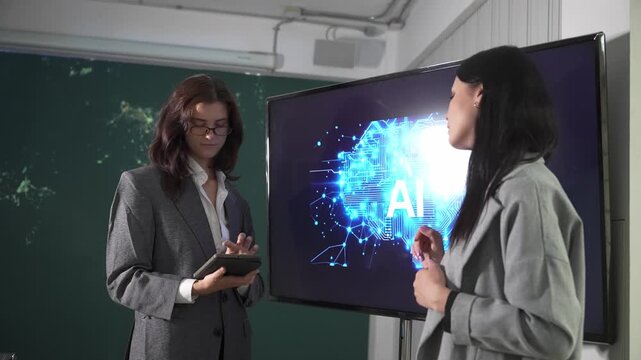 Woman analyst uses AI neural networks for data mining and optimization, working in a multinational company with automation tools. Artificial intelligence digital tools for success.