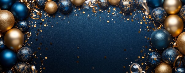 Holiday background with golden and blue metallic balloons, confetti and ribbons. Festive card for birthday party, anniversary, new year, christmas or other events, Generative AI