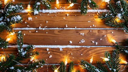 Christmas Flat Lay of Snowy Pine Tree Branches and Warm Lights on Rustic Wooden Plank Background