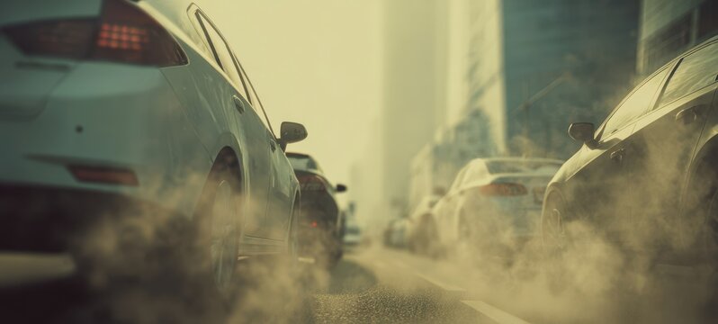 The cars in a smoggy urban commute with exhaust haze and blurred skyscrapers - Powered by Adobe
