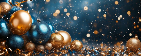 Holiday background with golden and blue metallic balloons, confetti and ribbons. Festive card for birthday party, anniversary, new year, christmas or other events, Generative AI