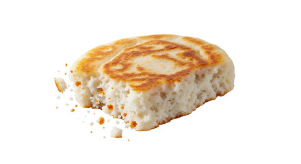 A close-up of a single, golden-brown biscuit with crumbs against white background showcasing its fluffy interior and crispy exterior perfection