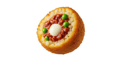 Cross-section of golden fried arancini reveals a savory heart of meat sauce with a mozzarella core and vibrant peas highlighting culinary delight