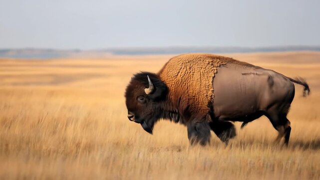 American bison standing in prairie landscape under clear sky