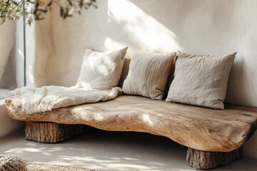 Wooden bench made from rough wood slab. Rustic boho farmhouse home interior design of modern living room, Generative AI