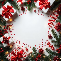 Christmas Flat Lay Frame with Red and White Gift Boxes, Pine Branches, Berries, and Confetti Border