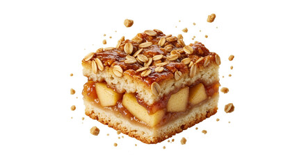 Delectable apple crumble square with glistening caramelized surface and scattered oat flakes floating against pure white backdrop ready to be savored