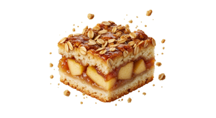 Delectable apple crumble square with glistening caramelized surface and scattered oat flakes floating against pure white backdrop ready to be savored