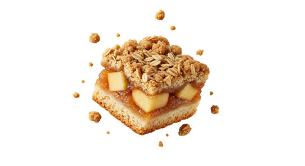 Delectable apple crumble bar levitating against a pristine white backdrop, showcasing its enticing textures and golden-brown perfection, a culinary