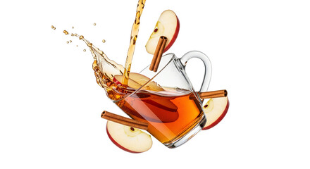 Dynamic splash of apple cider pouring into a glass cup alongside floating apple slices and cinnamon sticks, showcasing autumnal flavors
