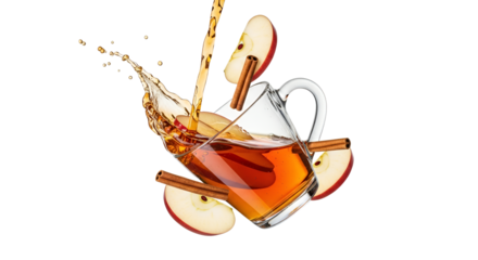 Dynamic splash of apple cider pouring into a glass cup alongside floating apple slices and cinnamon sticks, showcasing autumnal flavors