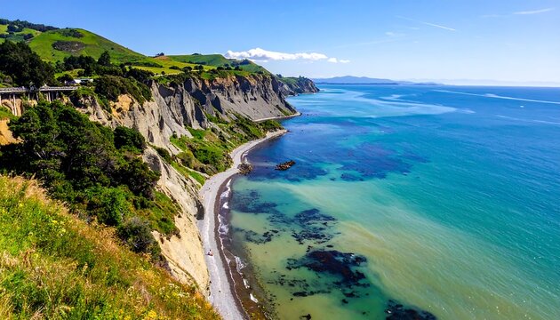 Coastal scene with cliffs, vegetation, and a shoreline where the ocean meets the land under a bright blue sky - Powered by Adobe