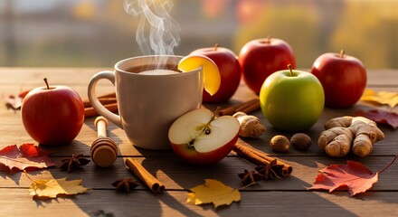Cozy autumn tea with steaming cup, fresh apples, cinnamon sticks and ginger on wood