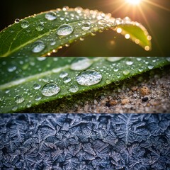 Macro nature collage featuring water drops on green leaf and crystalline winter frost patterns