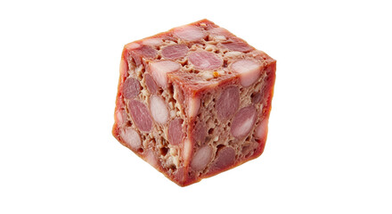 Artisanal head cheese cube showcasing the mosaic-like texture and composition on a white backdrop, highlighting the culinary artistry and presentation