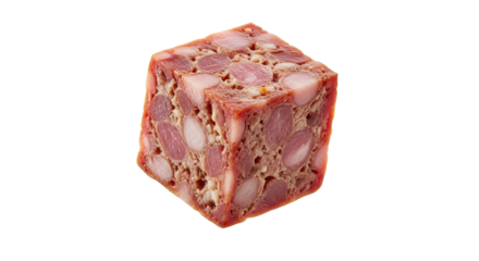 Artisanal head cheese cube showcasing the mosaic-like texture and composition on a white backdrop, highlighting the culinary artistry and presentation