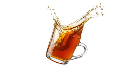 Dramatic liquid tea explosion from glass mug against clean backdrop for beverage advertising and culinary publications highlighting vibrant