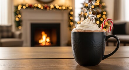 Hot Chocolate with Whipped Cream and Candy Cane by a Cozy Christmas Fireplace