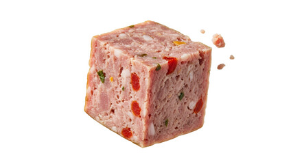 Artisanal headcheese delight featuring vibrant red peppers against a clean white backdrop