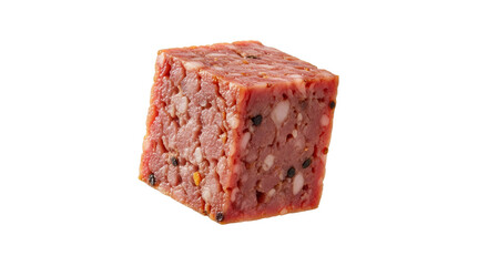 Artistic rendering of mortadella cube hovering against a clean white canvas highlighting its textural intricacies and unique presentation