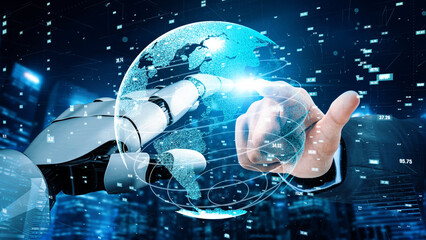 A captivating illustration depicting the interaction between a robotic hand and a human hand, showcasing a digital globe and data streams in a modern technological landscape. Xenic