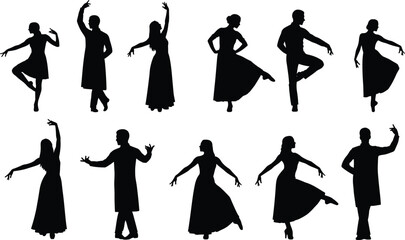 Elegant male and female dancer silhouettes performing various cultural dance poses, artistic movement illustration set for choreography, performance and creative design