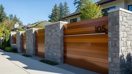 Modern residential fence featuring horizontal wood panels and stone pillars with house number 105, alongside a paved driveway and lush landscaping.