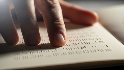 Hand reading braille book closeup