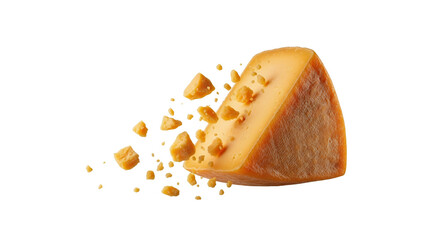 Golden cheese delight: A visually captivating cheese wedge with dynamic scattering pieces, perfect for culinary and gourmet themes
