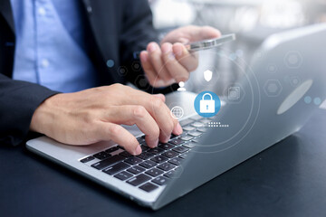 businessman hand use digital tablet to access account on social media network website with virtual icon of PDPA for security personal information concept