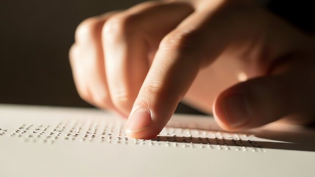 Hand reading braille on a page - Powered by Adobe