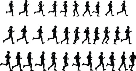 Silhouette collection of men and women running in various jogging poses showing fitness exercise, athletic movement, healthy lifestyle, and outdoor activity