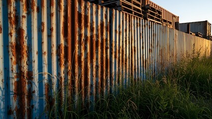 Fototapeta premium Close-up of a heavily rusted corrugated metal fence with tall green grass in the foreground under warm sunlight.