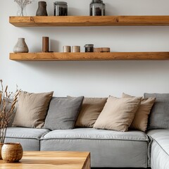 Wood floating shelf on white wall. Storage organization for home. Interior design of modern living room, Generative AI