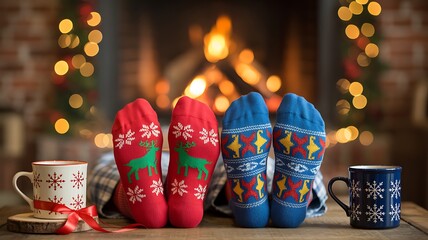 Cozy couple relaxing by warm fireplace wearing festive holiday socks with hot drinks