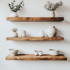 Wood floating shelf on white wall. Storage organization for home. Interior design of modern living room, Generative AI