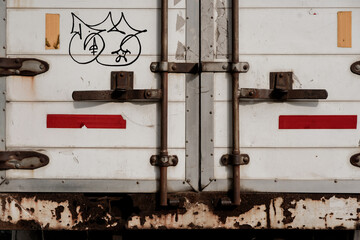 Rear view of a white cargo truck door with rust, red tape, and black graffiti tag.